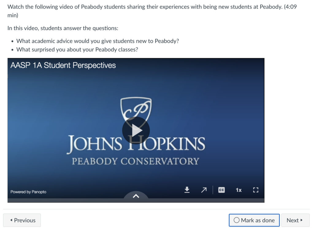Screenshot of a page with a video, with the Mark as Done button in the bottom right corner.