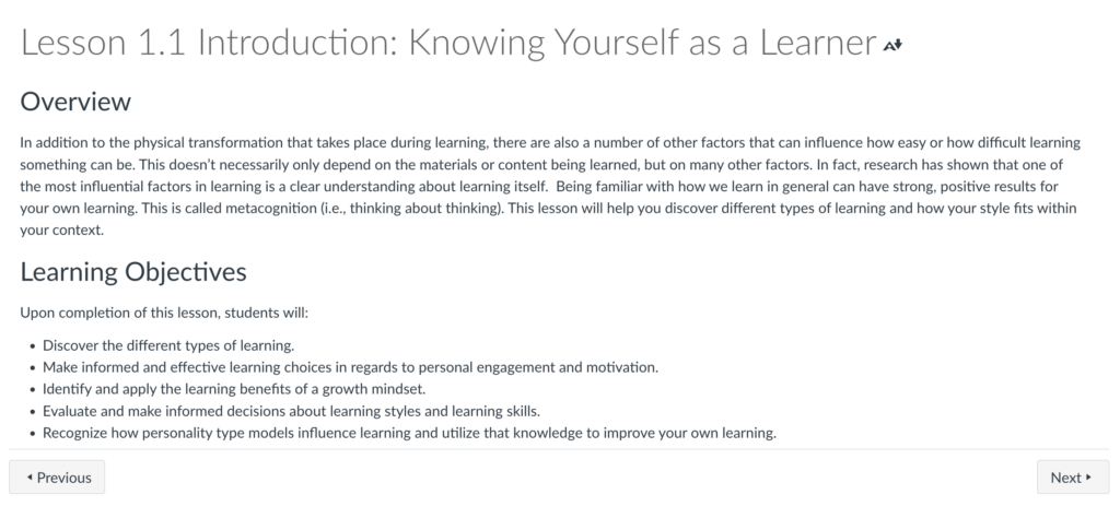 Screenshot of a module introduction page including a title, description, and learning objectives.